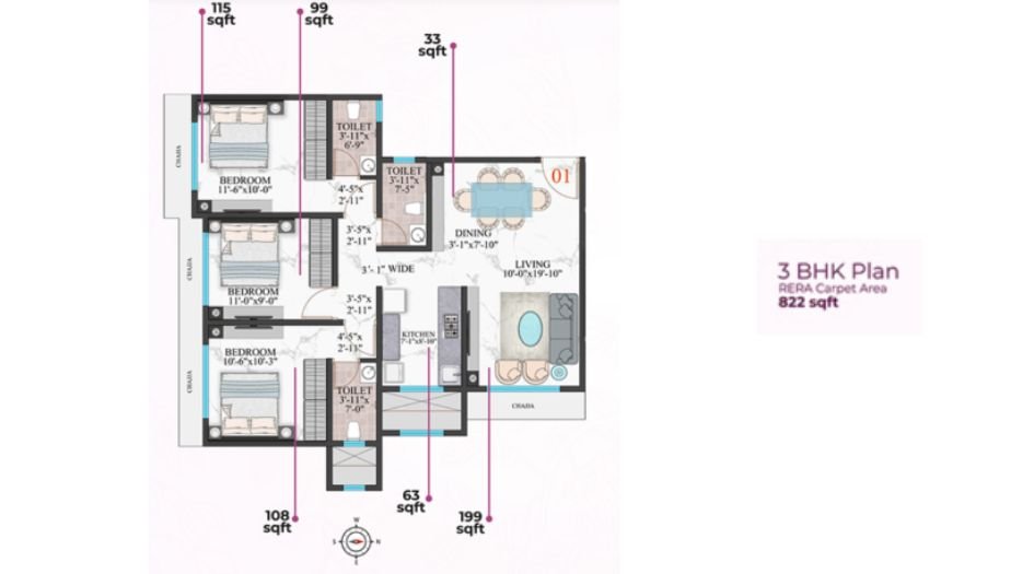 Modirealty-Wisteria-Floor-Plan-3 BHK-822 Sqft